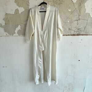 Vintage Robe Long Duster Kimono Lace Trim Bridal Boudoir Ivory Long Sleeve Large